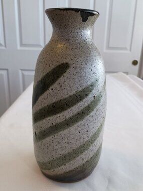 Vintage Stoneware Pottery Vase with Green Swirl Design